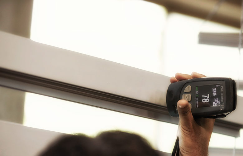 Quality analysis and testing of coated aluminium profiles in the in-house QC lab at Radiant Anodisers